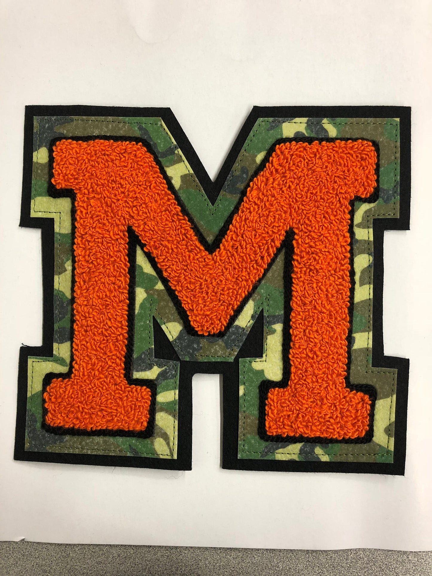 High School or Varsity Chenille letters With Camo Background Any Letter Any Color