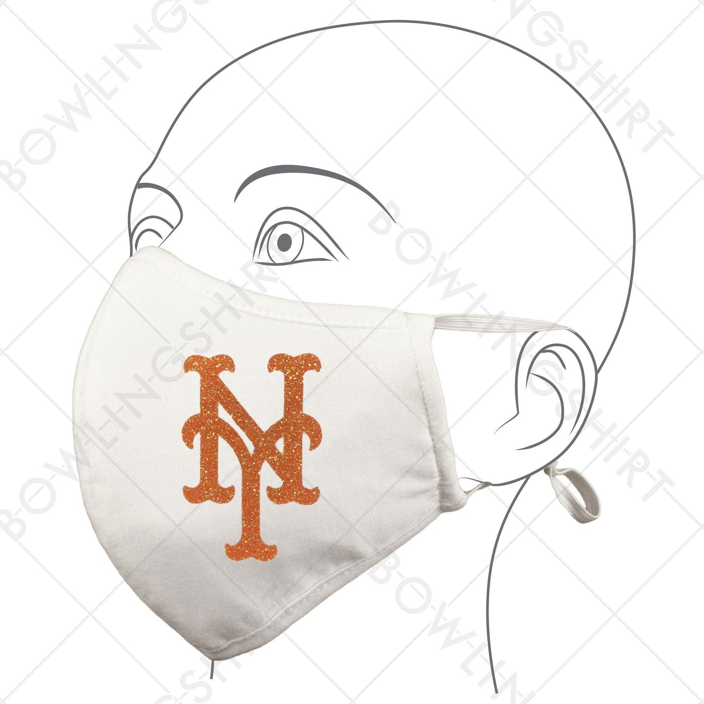 New York Orange Glitter White Mask Cotton with adjustable ear loops #79