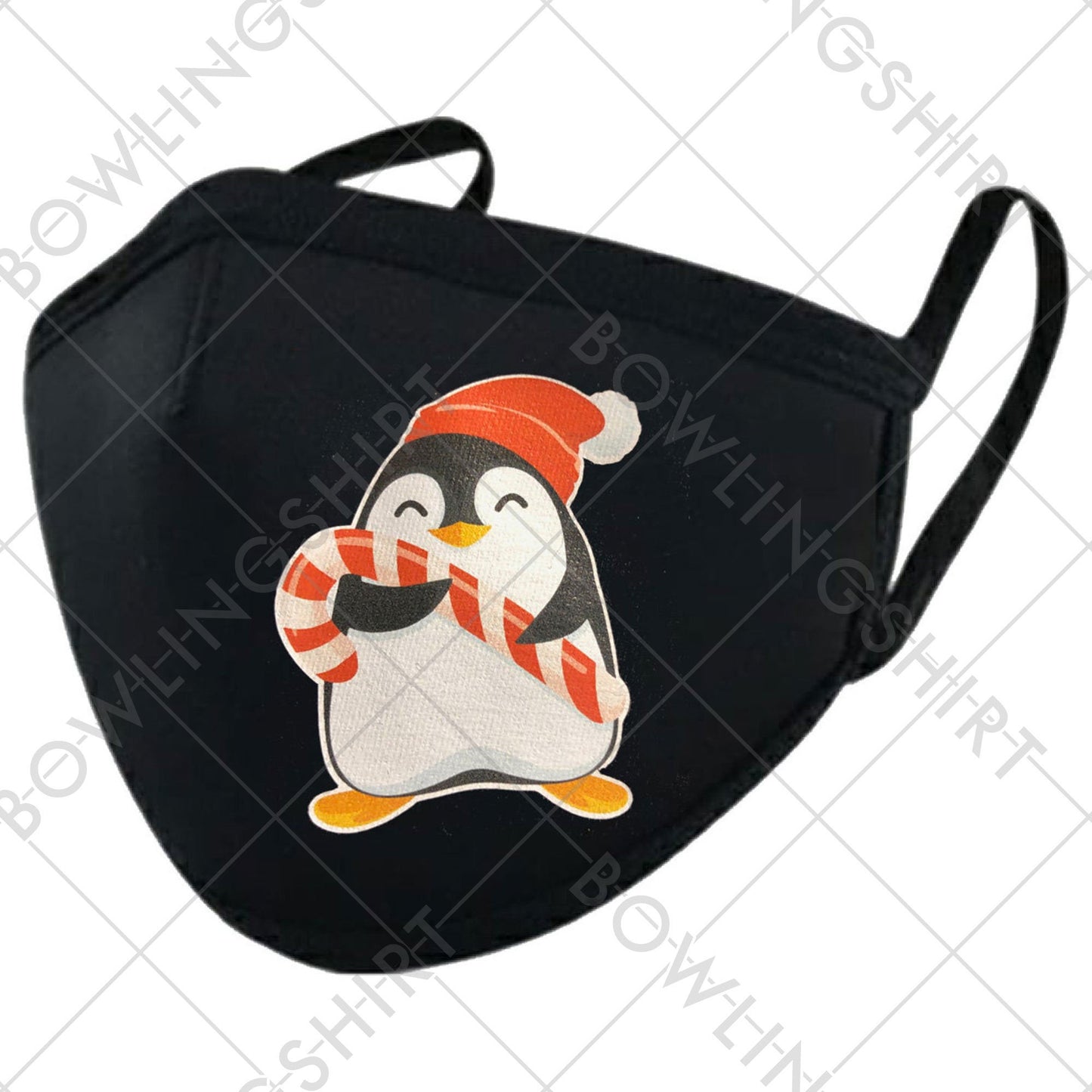 Penguin Holiday Candy Cane Printed Black Cloth Mask #63