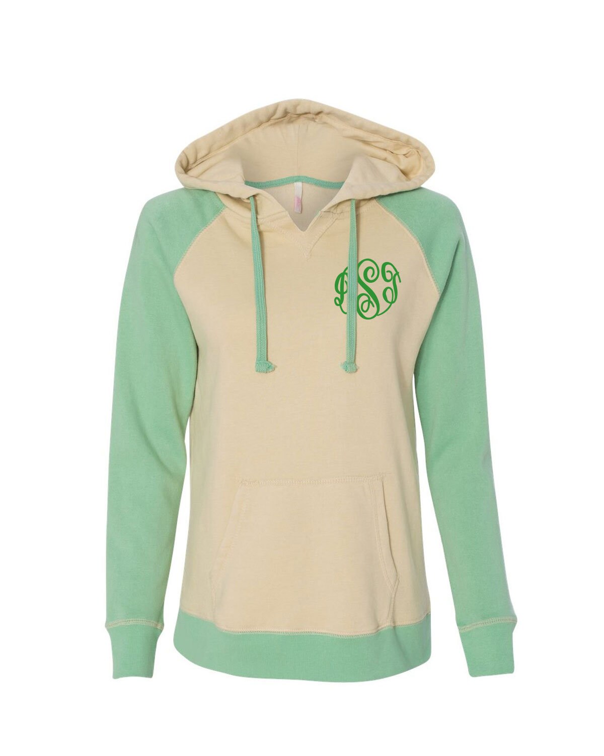 MV Sport Women’s Harper Raglan Hooded Sweatshirt-Seafoam with monogram