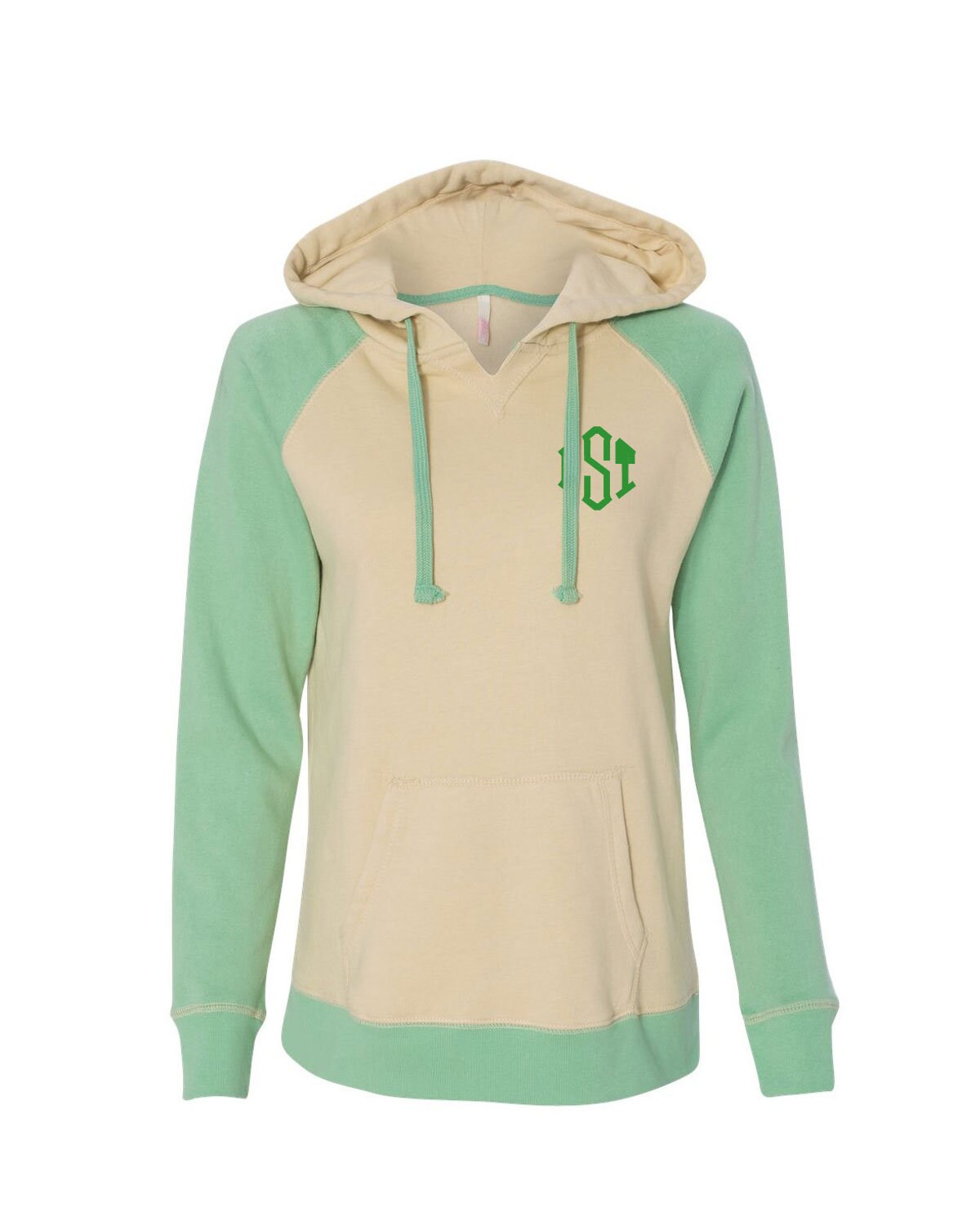 MV Sport Women’s Harper Raglan Hooded Sweatshirt-Seafoam with monogram