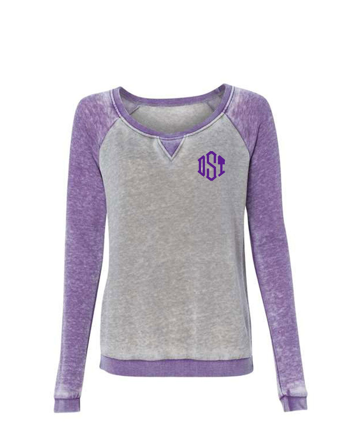 J. America Women’s Zen Fleece Reglan Sweatshirt Cement/Very Berry with monogram
