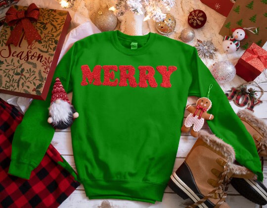 Merry Crew Neck Sweatshirt With Chenille Letters in Red or Green