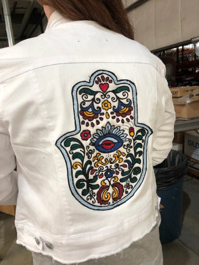 Chaninstitched Embroidered Hamsa Denim Jacket One of a Kind XL Womans cut