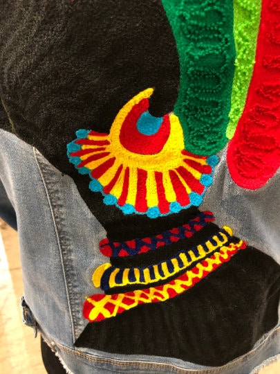 Chaninstitched Embroidered African woman Denim Jacket One of a Kind made to order