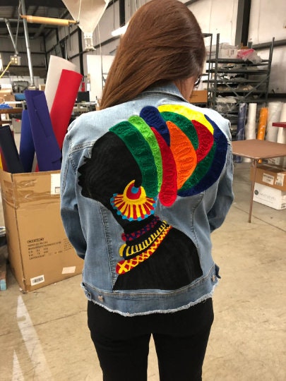 Chaninstitched Embroidered African woman Denim Jacket One of a Kind made to order