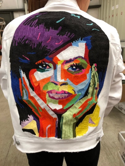 Chaninstitched Embroidered Michelle Obama Denim Jacket One of a Kind