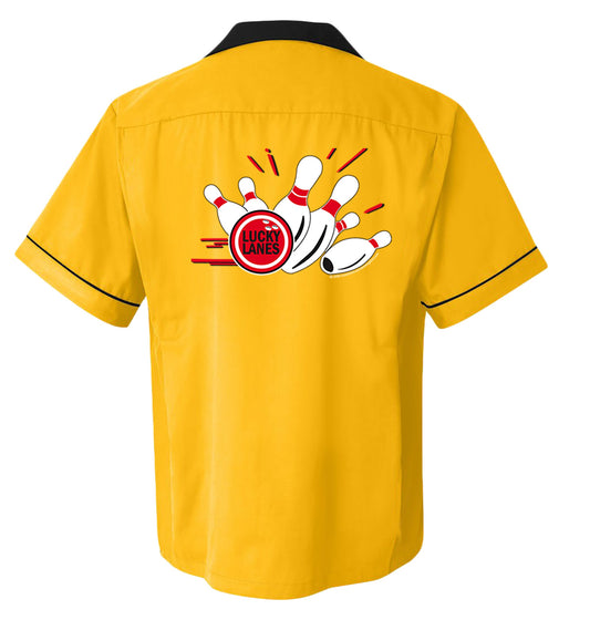 Lucky Lanes  - Classic Retro Gold and Black Bowling Shirt (CLOSEOUT) - Classic size XL ONLY    - Includes Embroidered Name #128