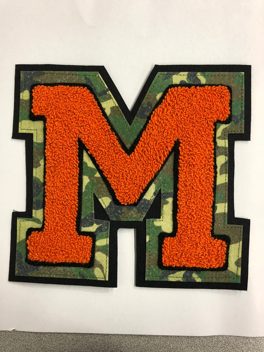 High School or Varsity Chenille letters With Camo Background Any Letter Any Color