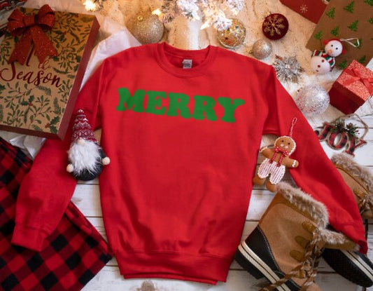 Merry Crew Neck Sweatshirt With Chenille Letters in Red or Green